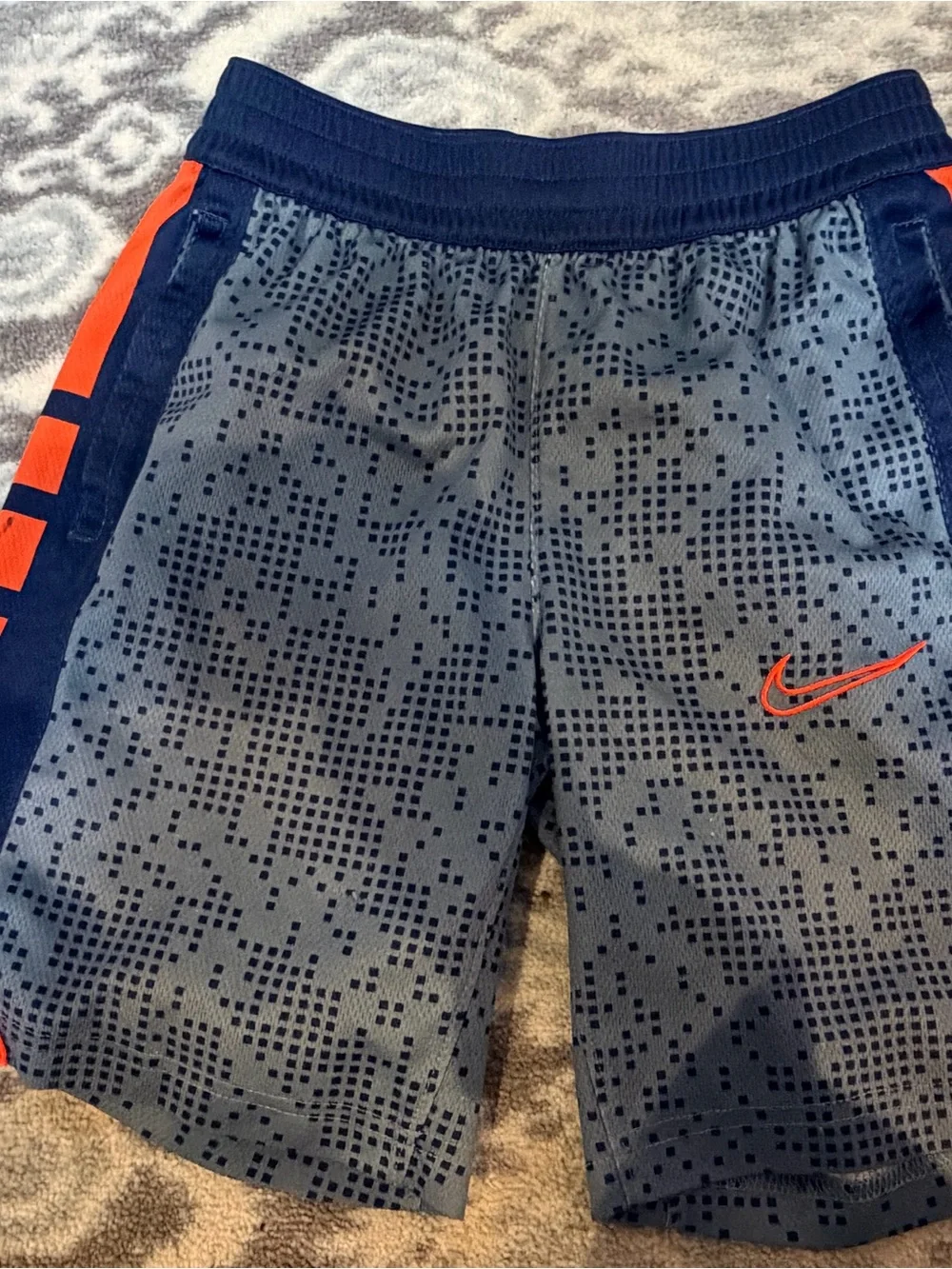 Nike Navy Blue and Neon Orange Pixel-Print Athletic Shorts